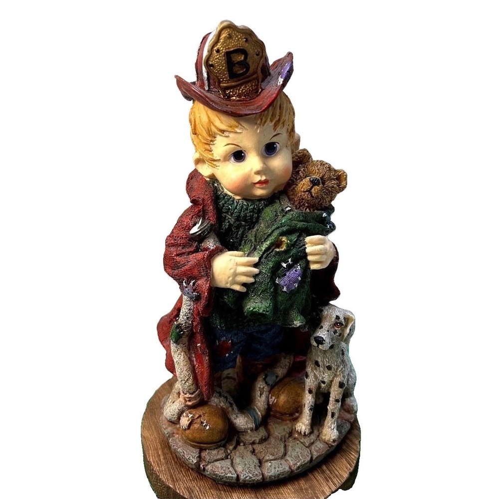 Vintage Fireman Boy Figurine with Dalmatian Dog and Teddy Bear Resin Statue 8"